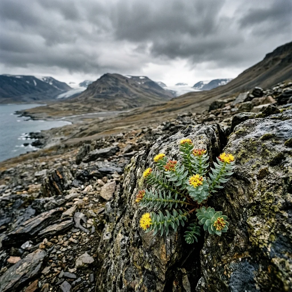 Wild Rhodiola rosea plant growing in harsh Arctic rocky terrain