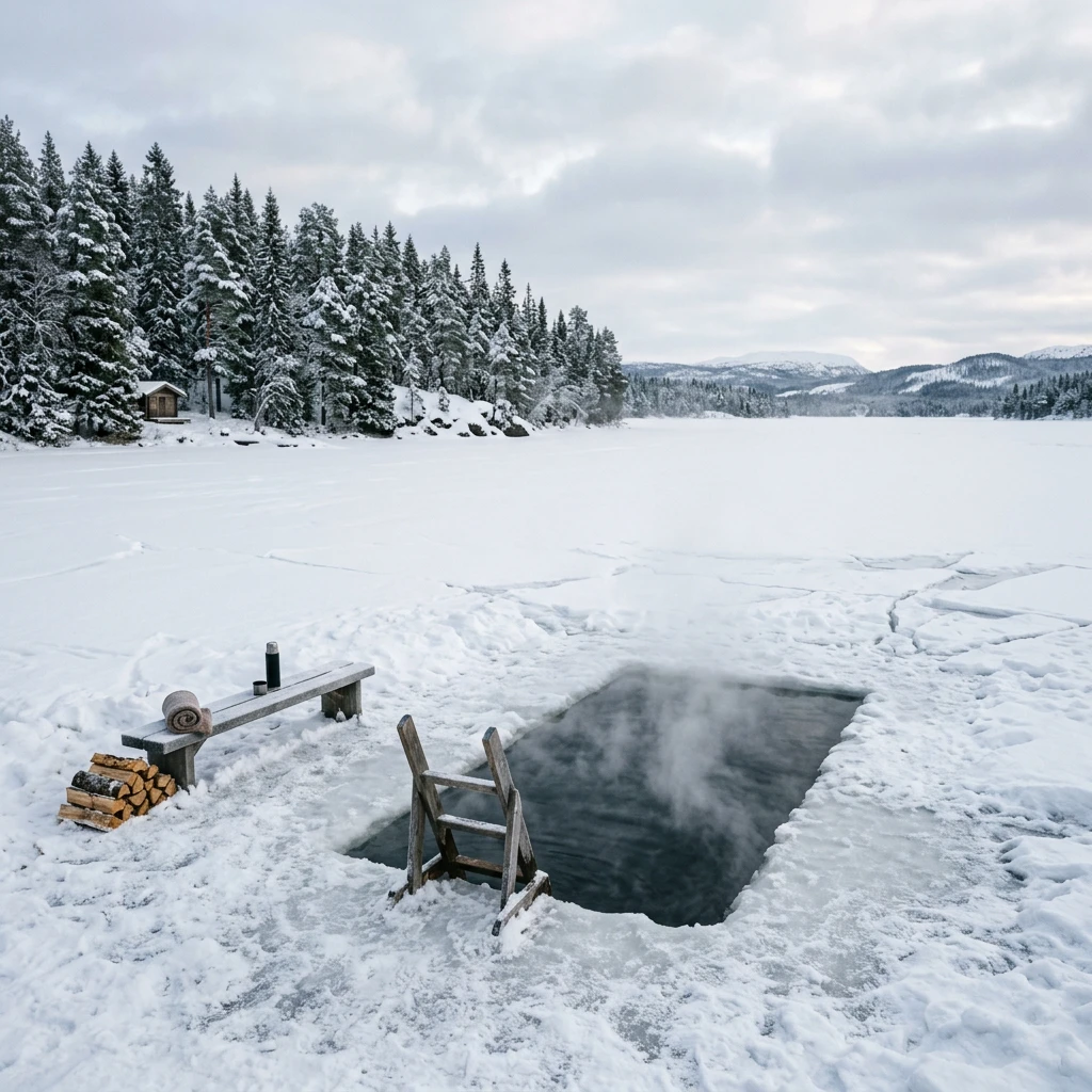 Person swimming in a frozen lake with snow-covered banks visible in the background