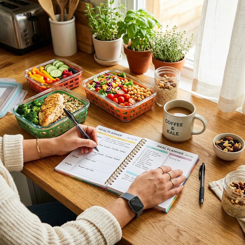 Woman writing in a meal planning journal with colorful vegetables and a fitness tracker on the table
