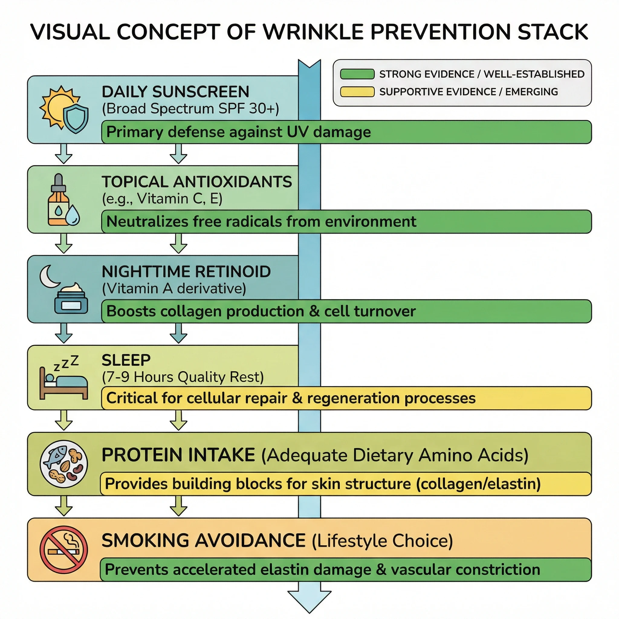 Infographic showing evidence strength for sunscreen, antioxidants, retinoids, sleep, protein intake, and smoking avoidance