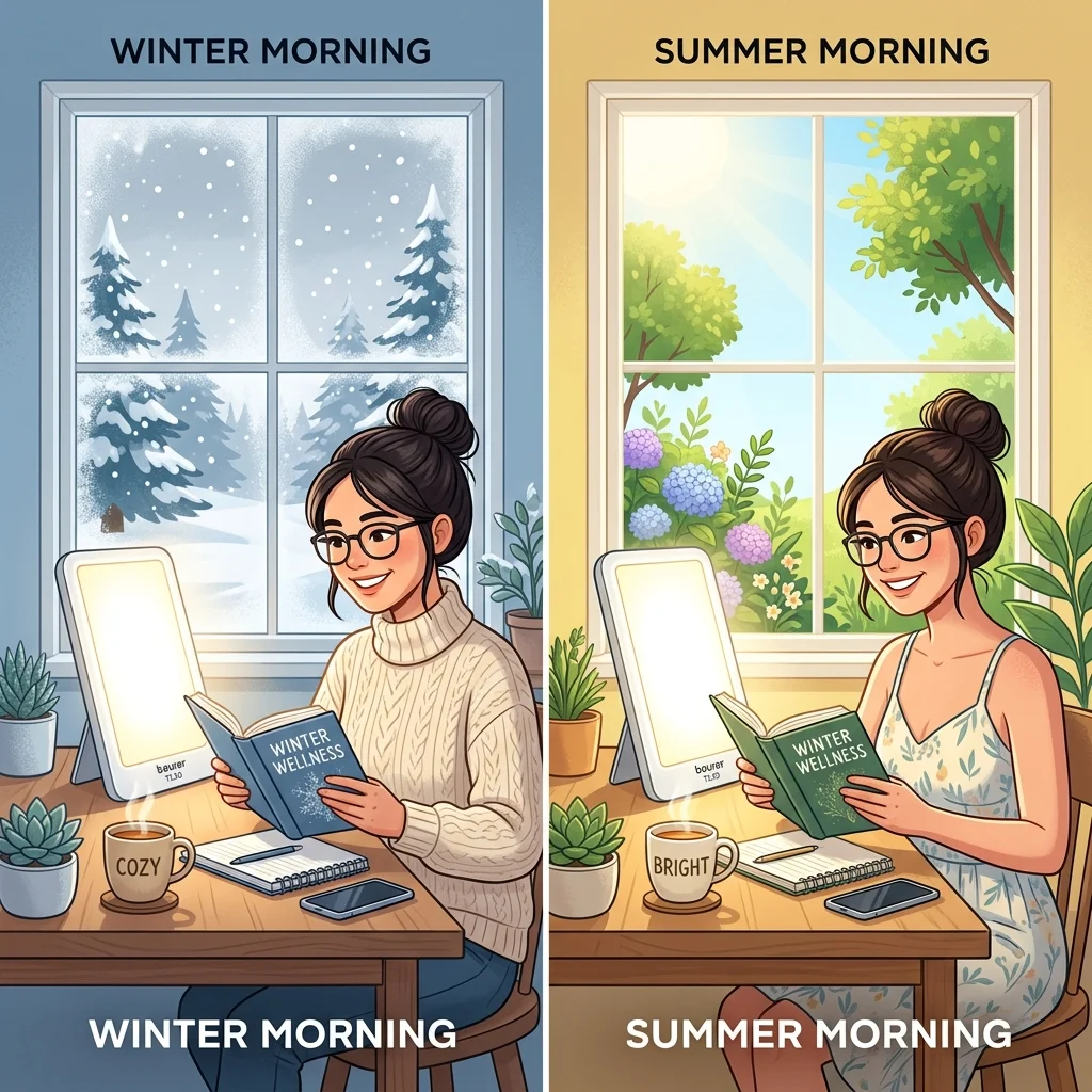 Side-by-side illustration showing light therapy use in both winter and summer, emphasizing year-round applicability