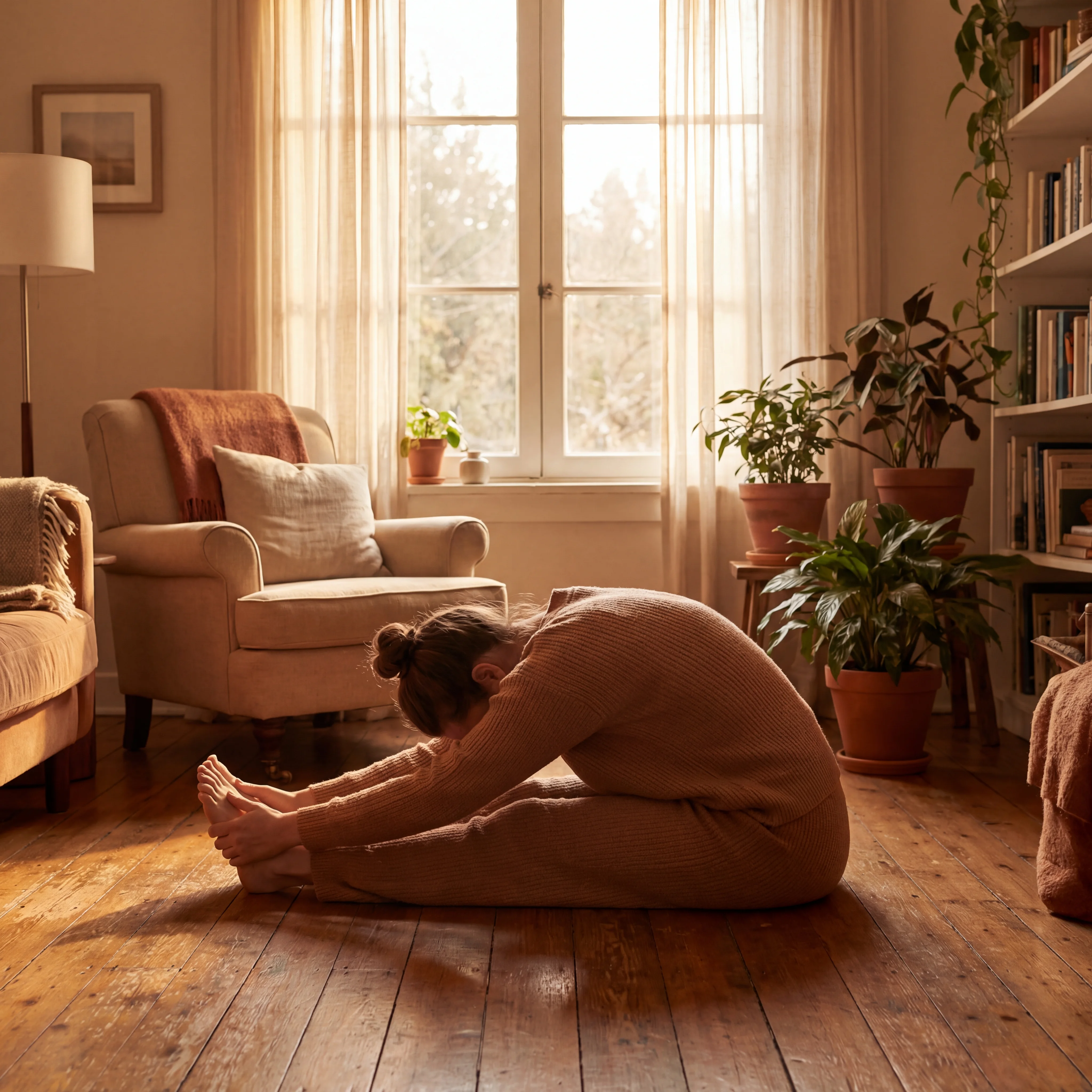 Person in a gentle forward fold yoga pose surrounded by warm morning light in a living room