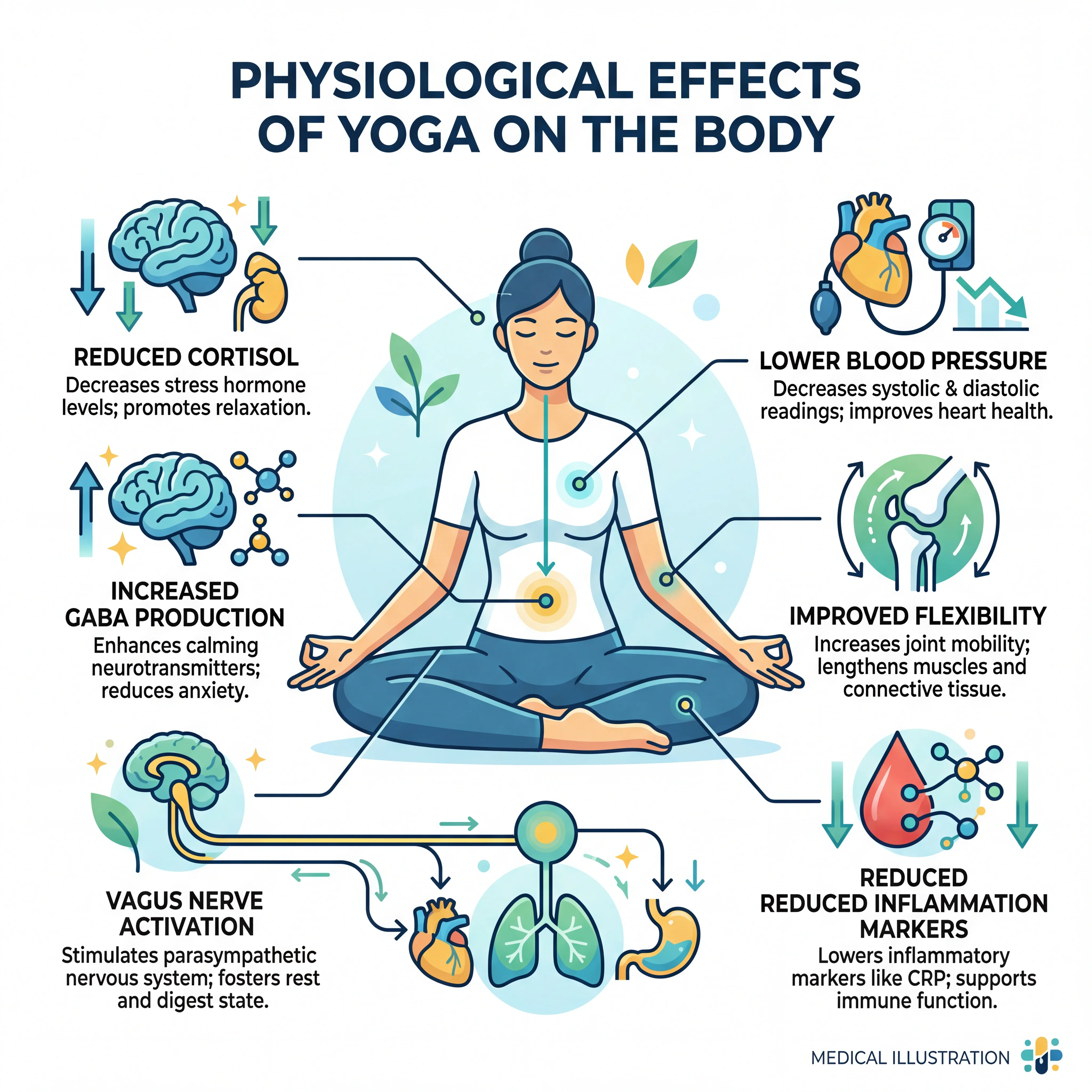 Illustration showing the three components of yoga — movement, breath, and mindfulness — and their connections to body systems