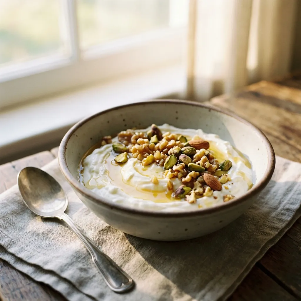Bowl of Greek yogurt topped with chopped nuts and honey, illustrating a healthy way to incorporate nuts into breakfast