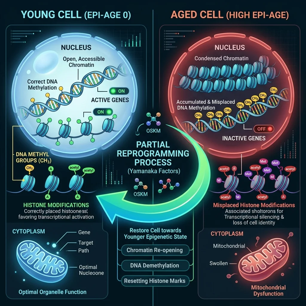 Comparison of young and aged cells showing how epigenetic modifications accumulate with age and how partial reprogramming can reverse them