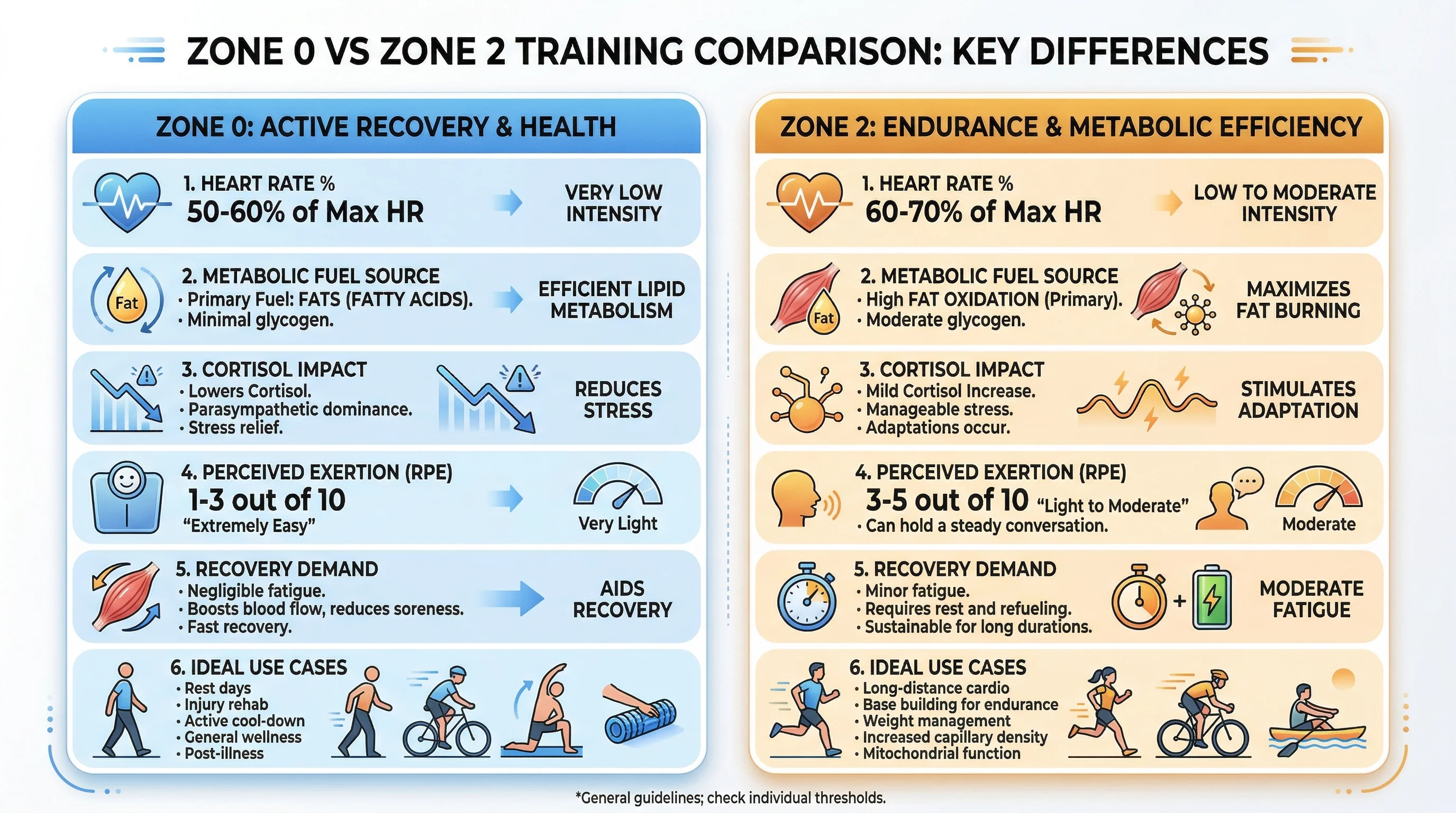Infographic comparing Zone 0 and Zone 2 training across heart rate, fuel source, cortisol impact, exertion, and recovery demands